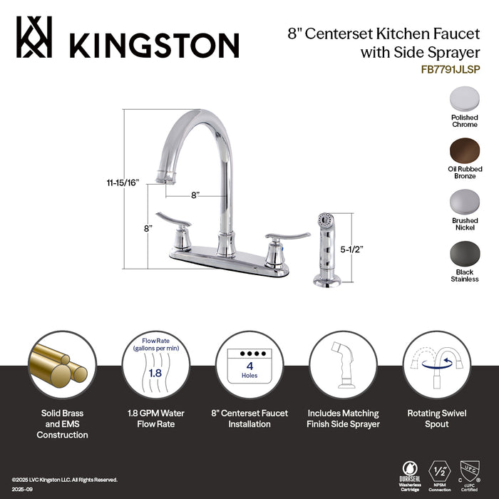 Kingston FB7795JLSP Jamestown Two-Handle 8" Centerset Kitchen Faucet with Side Sprayer, Oil Rubbed Bronze