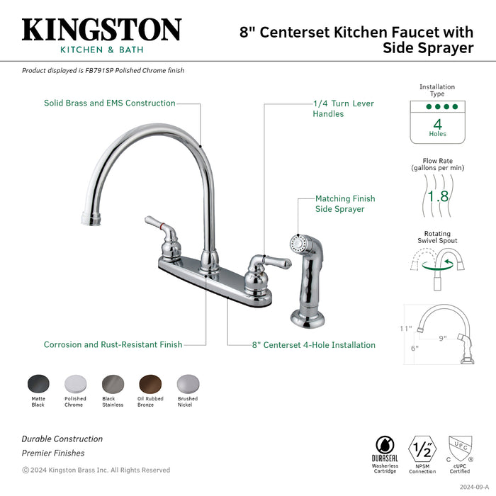 Kingston Brass FB794SP Magellan Double-Handle 8" Centerset Kitchen Faucet with Side Sprayer, Black Stainless