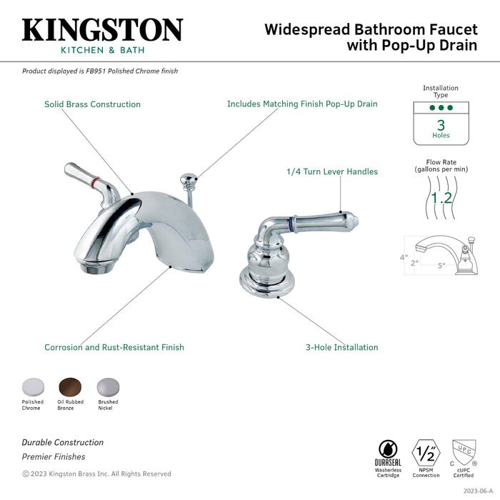 Kingston Brass FB958  Widespread Bathroom Faucet with Pop-Up Drain, Brushed Nickel