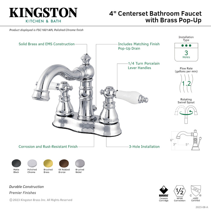 Kingston Brass FSC1608APL American Patriot Double-Handle 4" Centerset Bathroom Faucet with Brass Pop-Up, Brushed Nickel