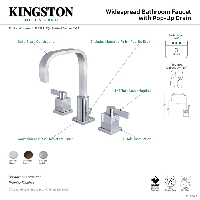 Kingston Brass FSC8961NQL Meridian Widespread Bathroom Faucet with Retail Pop-Up Drain, Polished Chrome