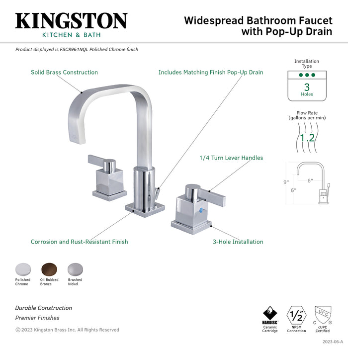 Fauceture FSC8968NQL Meridian Widespread Bathroom Faucet with Pop-Up Drain, Brushed Nickel