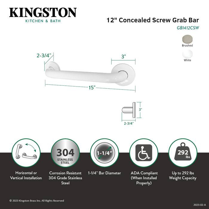 Kingston Brass GB1412CSW Made To Match 12-Inch Stainless Steel Grab Bar, White