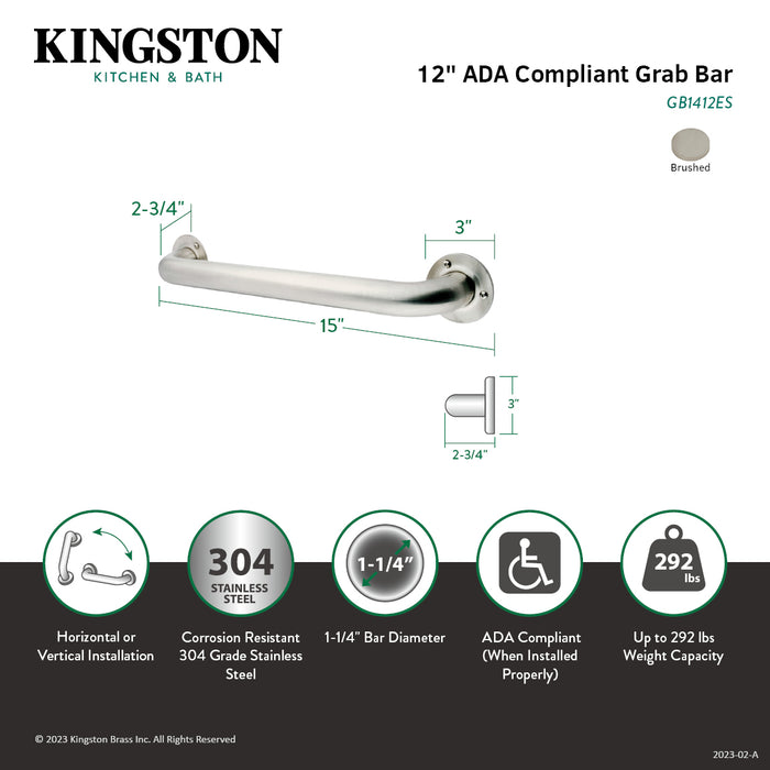 Kingston Brass GB1412ES 12" Stainless Steel Grab Bar, Brushed Nickel