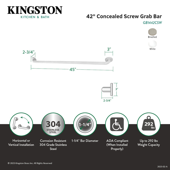 Kingston Brass GB1442CSW Made To Match 42" x 1-1/4" O.D. Stainless Steel ADA Grab Bar, White