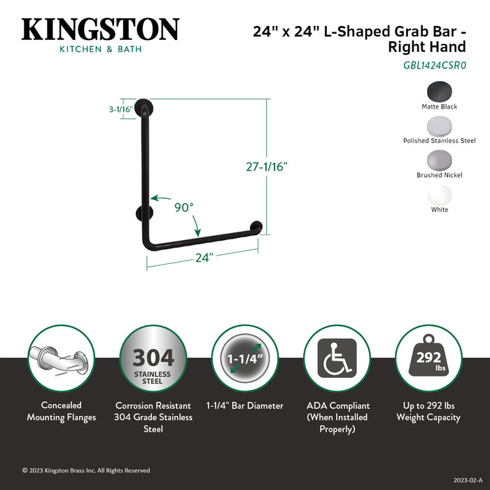 Kingston Brass GBL1424CSR0 Made To Match 24" x 24" L-Shaped Stainless Steel ADA Grab Bar - Right Hand, Matte Black
