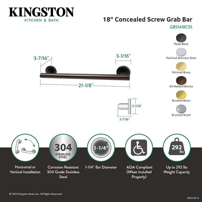 Kingston Brass GBS1418CS5 Berwyn 18" x 1-1/4" O.D. Stainless Steel Grab Bar, Oil Rubbed Bronze