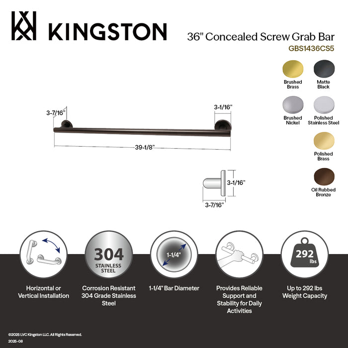 Kingston GBS1436CS1 Berwyn 36" x 1-1/4" O.D. Stainless Steel Grab Bar, Polished Stainless Steel