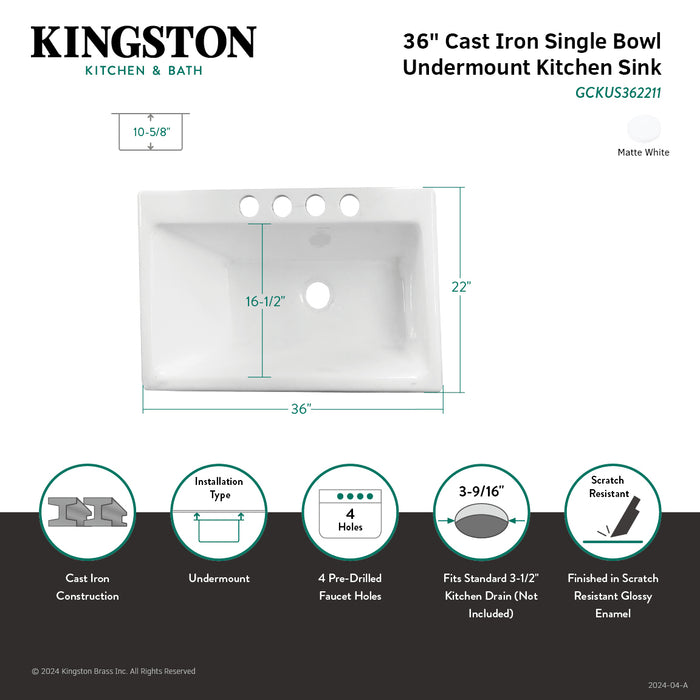 Gourmetier GCKUS362211 Towne 36" Cast Iron Single Bowl Undermount Kitchen Sink (4-Hole), White