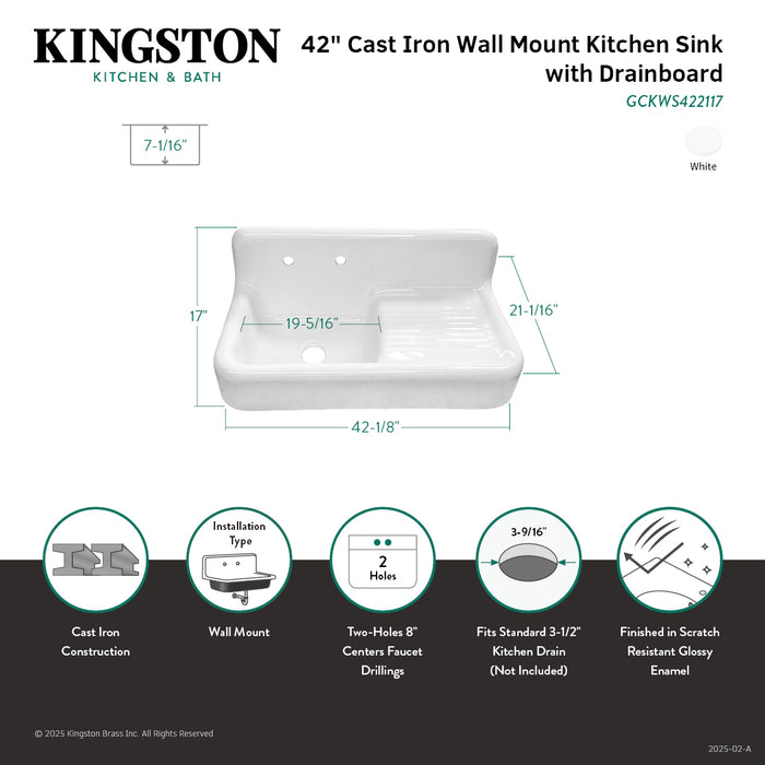 Kingston Brass GCKWS422117 Petra Galley 42" Cast Iron Single Bowl Wall Mount Kitchen Sink with Drainboard, White