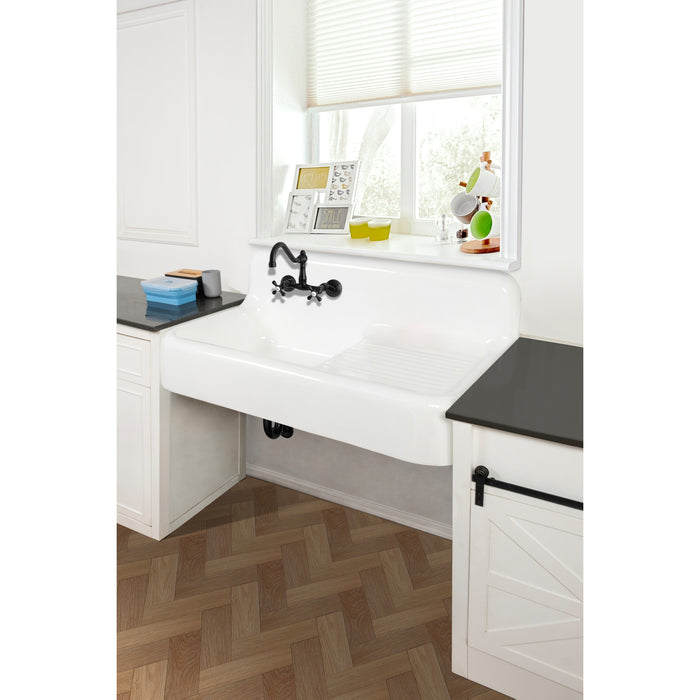 Kingston Brass GCKWS422117 Petra Galley 42" Cast Iron Single Bowl Wall Mount Kitchen Sink with Drainboard, White