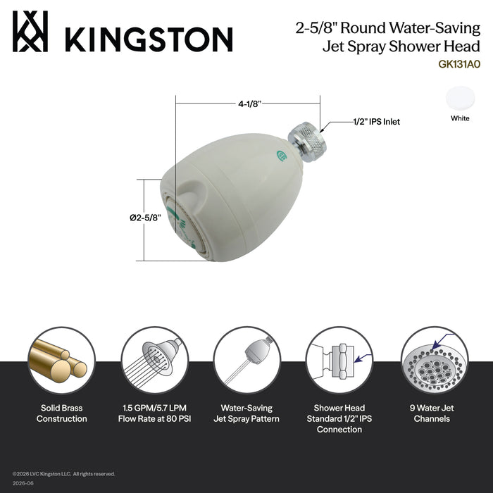 Kingston Brass GK131A0 Greenseal 2-5/8" Round Water-Saving Jet Spray Brass Shower Head, White