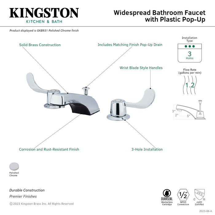 Kingston Brass GKB931 Vista Widespread Bathroom Faucet with ABS Pop-Up Drain, Polished Chrome