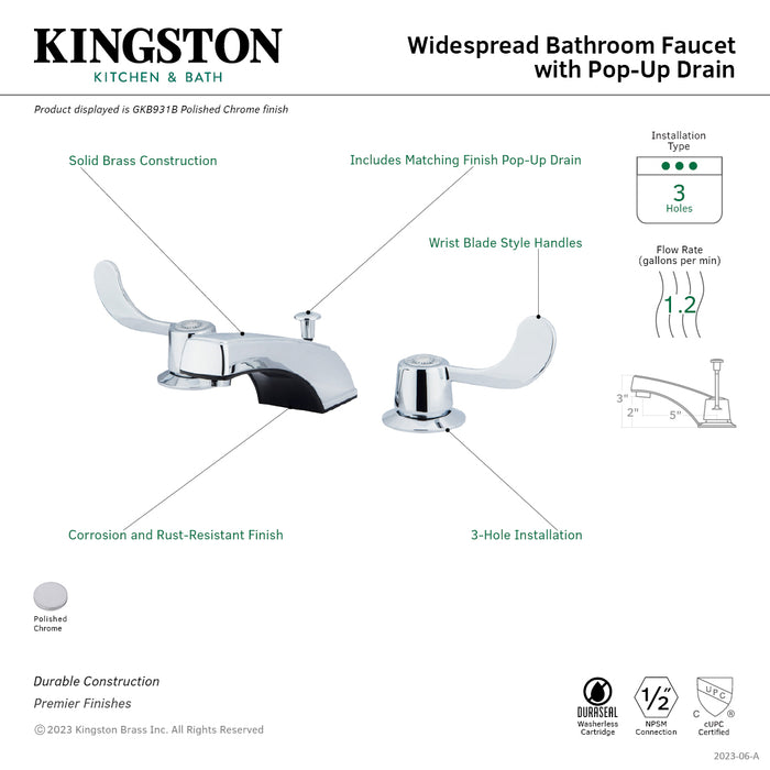 Kingston Brass GKB931B Vista Widespread Bathroom Faucet with Pop-Up Drain, Polished Chrome