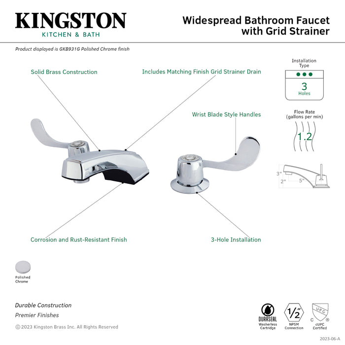 Kingston Brass GKB931G Vista Widespread Bathroom Faucet with Grid Strainer, Polished Chrome