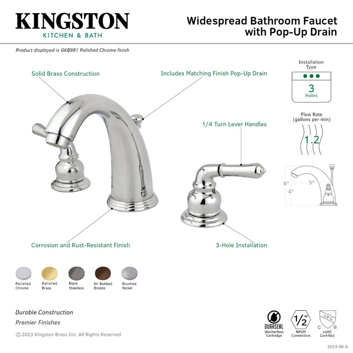 Kingston Brass GKB983 Magellan Widespread Bathroom Faucet with Pop-Up Drain, Black Stainless
