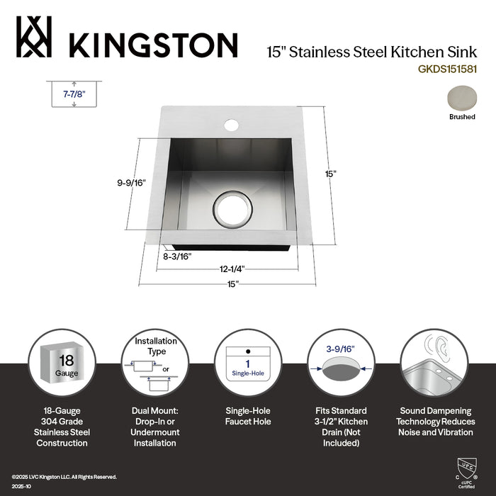 Gourmetier GKDS151581 Uptowne 15" Stainless Steel Self-Rimming Single Bowl Dual Mount Kitchen Sink, Brushed
