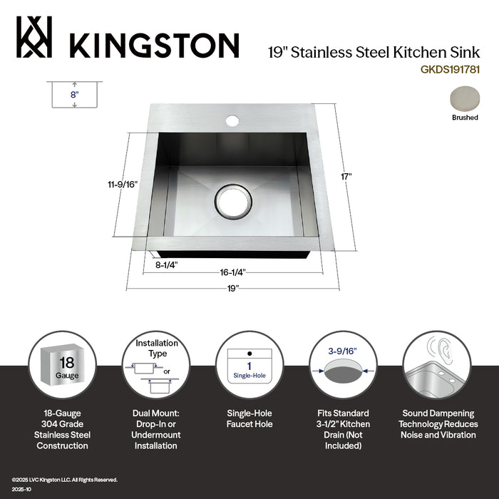 Gourmetier GKDS191781 Uptowne 19" Stainless Steel Single Bowl Dual Mount Kitchen Sink, Brushed