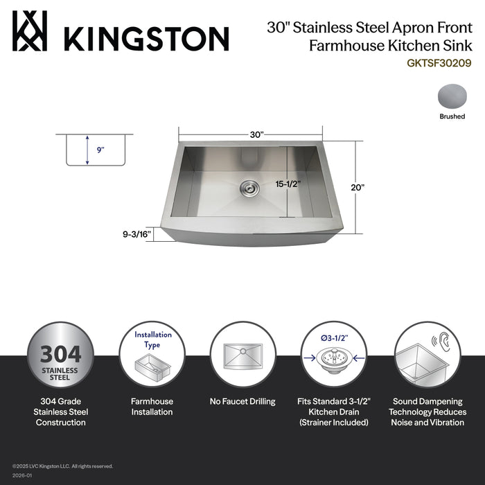 Gourmetier GKTSF30209 Uptowne 30" Stainless Steel Apron-Front Single Bowl Farmhouse Kitchen Sink with Strainer, Brushed