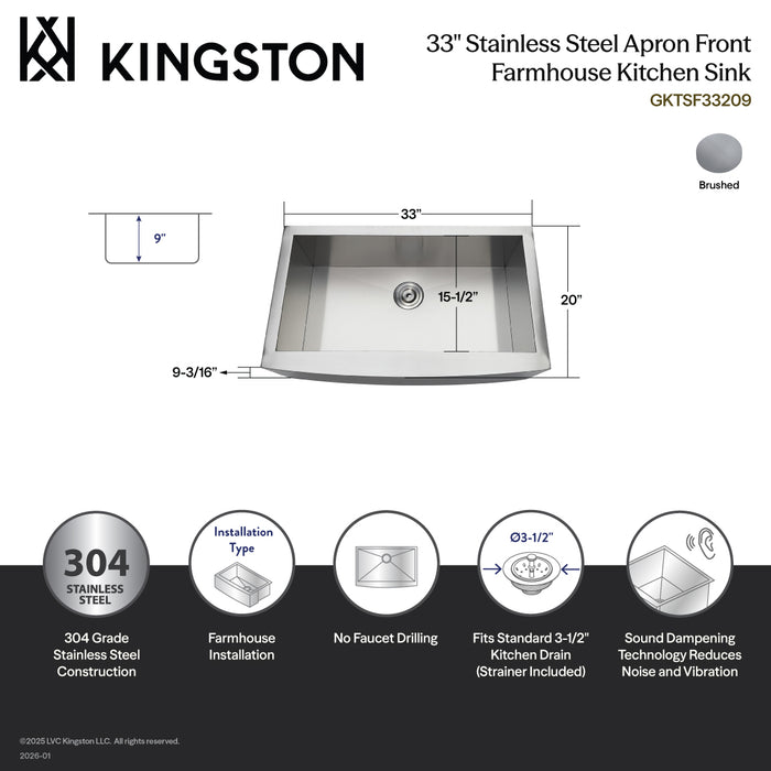 Gourmetier GKTSF33209 Uptowne 33" Stainless Steel Apron-Front Single Bowl Farmhouse Kitchen Sink with Strainer, Brushed