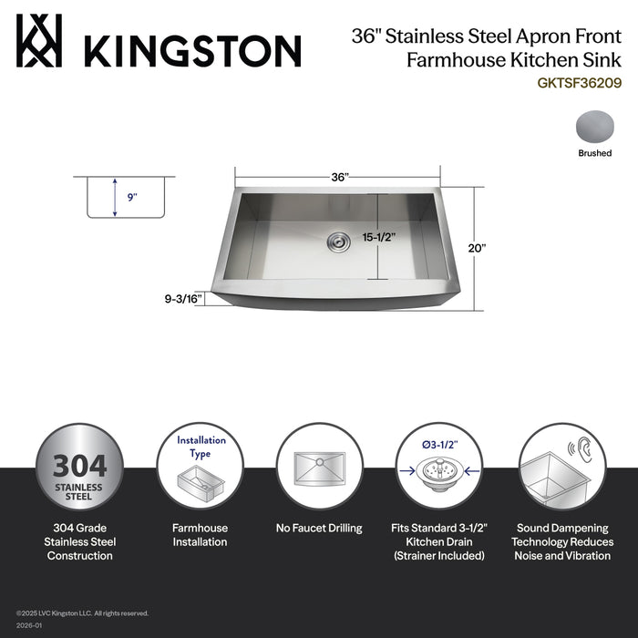 Gourmetier GKTSF36209 Uptowne 36" Stainless Steel Apron-Front Single Bowl Farmhouse Kitchen Sink with Strainer, Brushed
