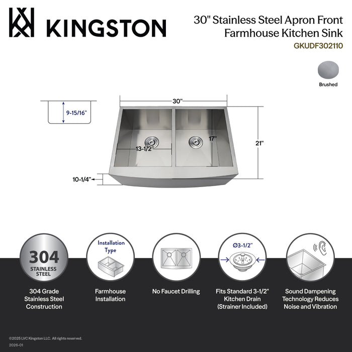 Gourmetier GKUDF302110 Uptowne 30" Stainless Steel Apron-Front Double Bowl Farmhouse Kitchen Sink with Strainers x 2, Brushed