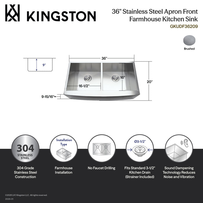 Gourmetier GKUDF36209 Uptowne 36" Stainless Steel Apron-Front Double Bowl Farmhouse Kitchen Sink with Strainers x 2, Brushed
