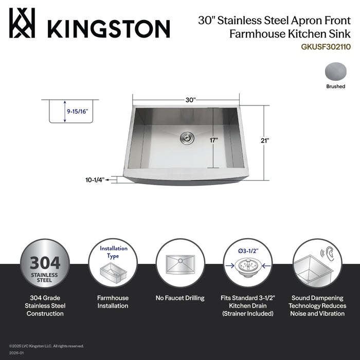 Gourmetier GKUSF302110 Uptowne 30" Stainless Steel Apron-Front Single Bowl Farmhouse Kitchen Sink with Strainer, Brushed