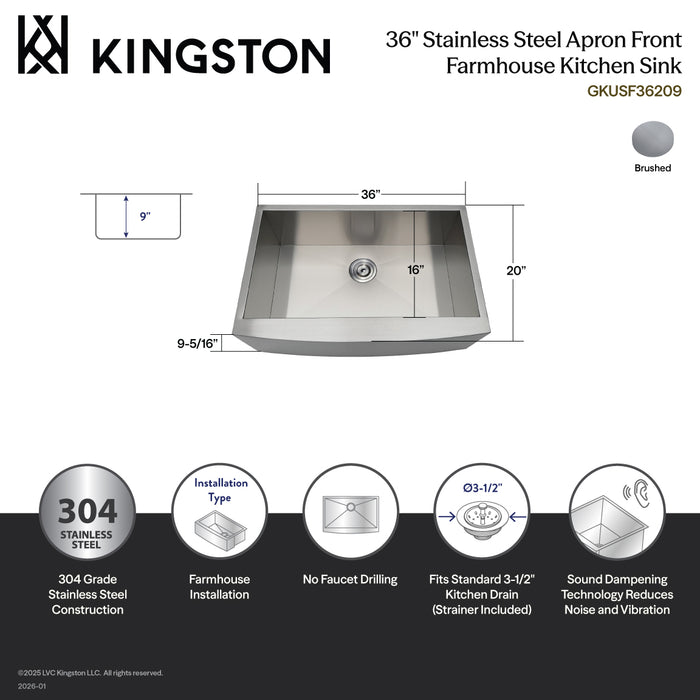 Gourmetier GKUSF36209 Uptowne 36" Stainless Steel Apron-Front Single Bowl Farmhouse Kitchen Sink with Strainer, Brushed