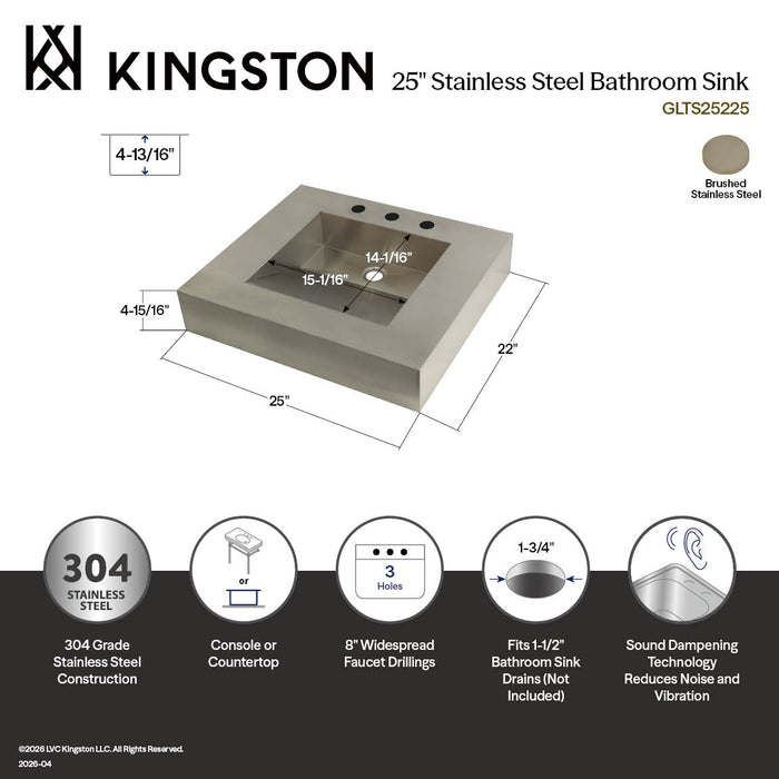 Kingston GLTS25225 25" Stainless Steel Console Sink (8-Inch, 3-Hole), Brushed Stainless Steel