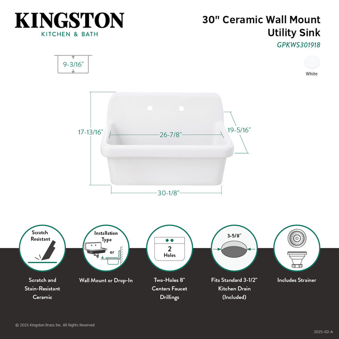 Kingston Brass GPKWS301918 Doriteal 30" Ceramic Single Bowl Wall Mount Kitchen Sink with Strainer, Glossy White