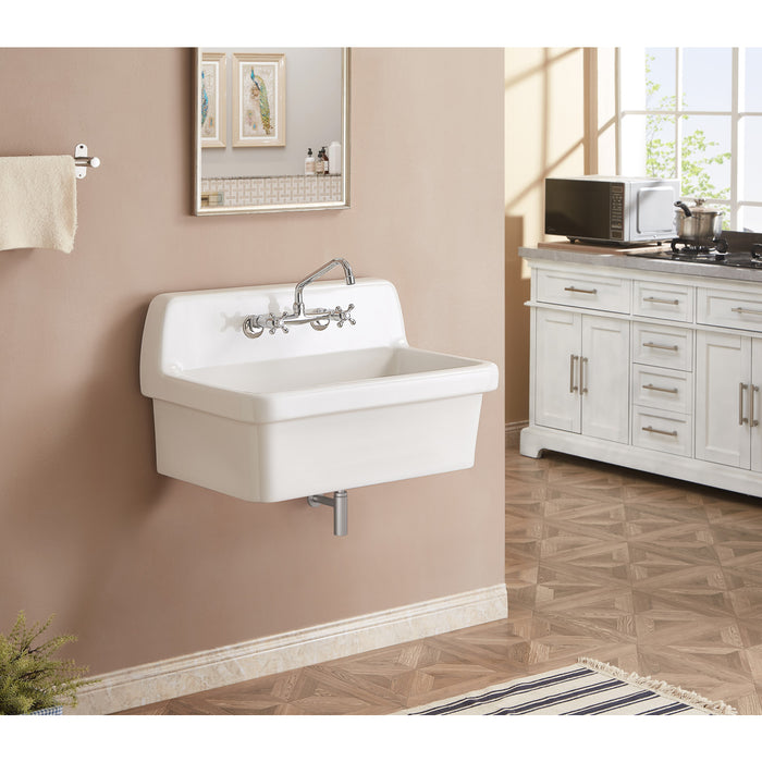 Kingston Brass GPKWS301918 Doriteal 30" Ceramic Single Bowl Wall Mount Kitchen Sink with Strainer, Glossy White