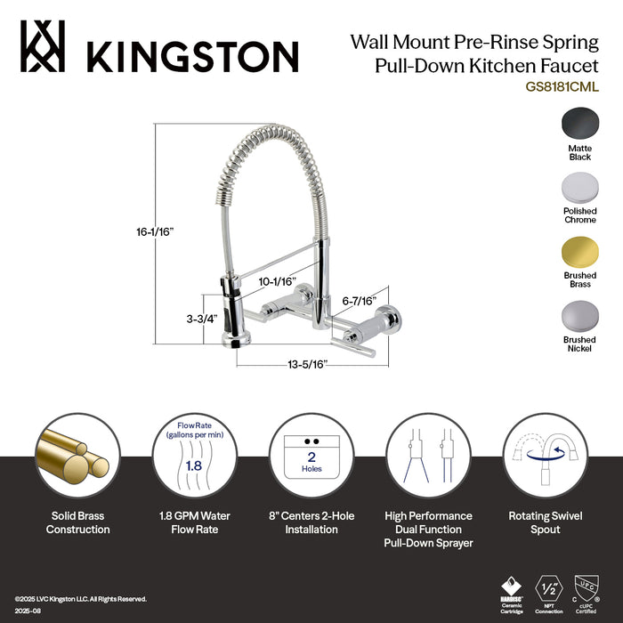 Kingston Brass GS8188CML Manhattan Double-Handle Wall-Mount Pre-Rinse Bridge Kitchen Faucet, Brushed Nickel