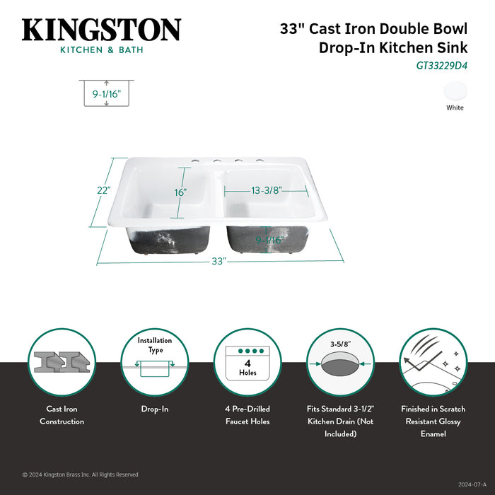 Gourmetier GT33229D4 Petra Galley 33" Cast Iron Self-Rimming Double Bowl Drop-In Kitchen Sink (4-Hole), White