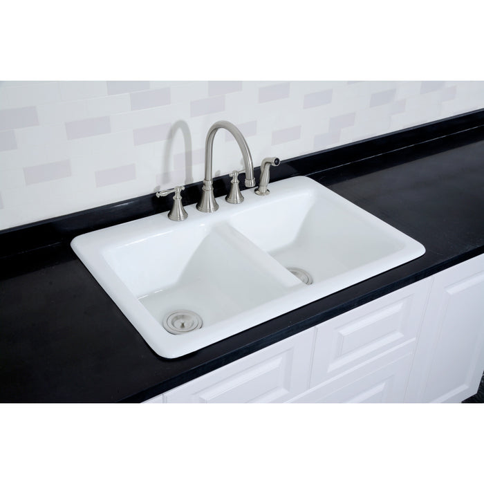 Gourmetier GT33229D4 Petra Galley 33" Cast Iron Self-Rimming Double Bowl Drop-In Kitchen Sink (4-Hole), White
