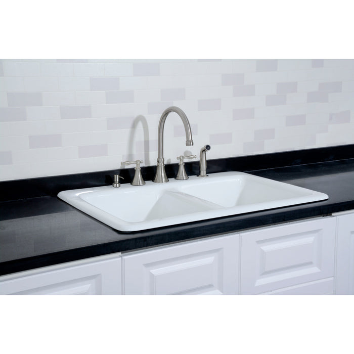 Gourmetier GT33229D5 Petra Galley 33" Cast Iron Self-Rimming Double Bowl Drop-In Kitchen Sink (5-Hole), White