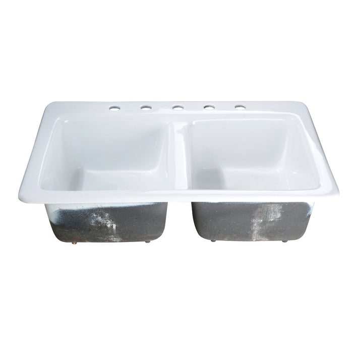 Gourmetier GT33229D5 Petra Galley 33" Cast Iron Self-Rimming Double Bowl Drop-In Kitchen Sink (5-Hole), White