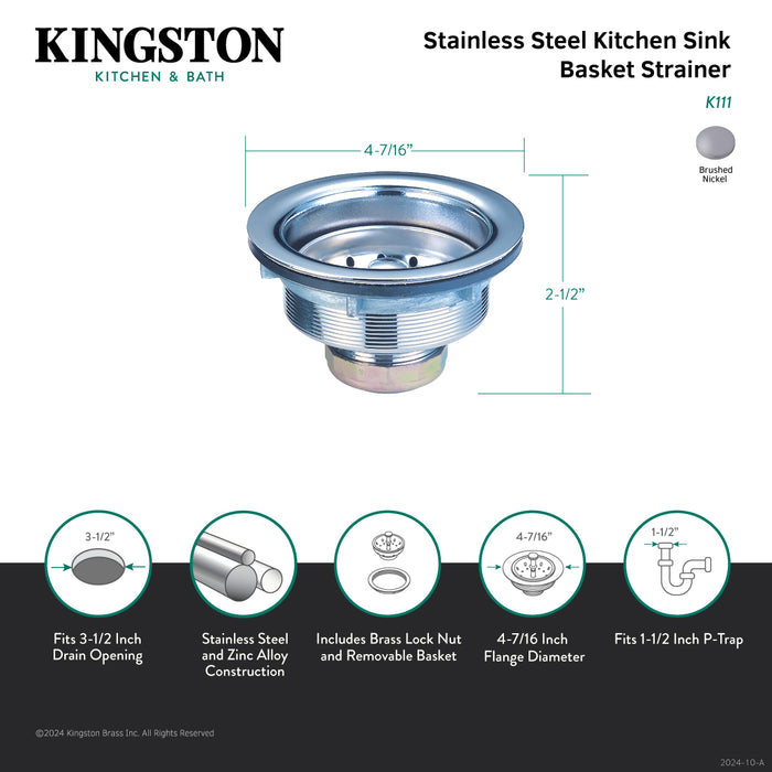 Kingston K111 Tacoma Stainless Steel Kitchen Sink Basket Strainer, Brushed Stainless Steel
