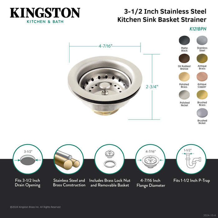 Kingston K121B Fresno 3-1/2" Stainless Steel Kitchen Sink Basket Strainer, Brushed Stainless Steel