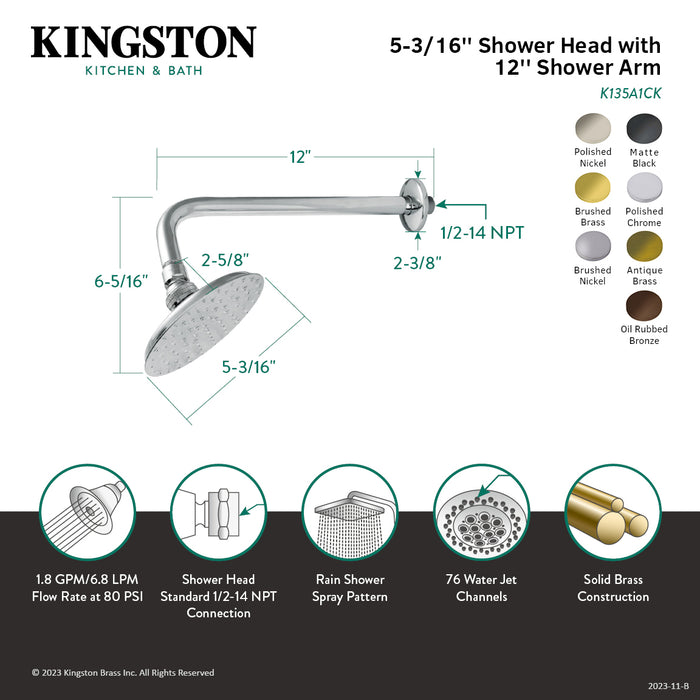 Kingston Brass K135A0CK Victorian 5-1/4" Round Raindrop Brass Shower Head with 12" Shower Arm, Matte Black