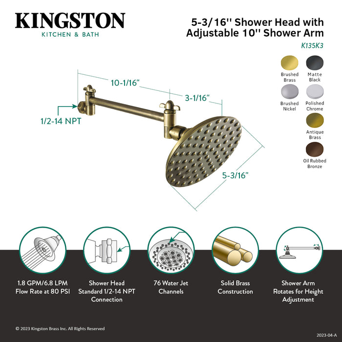 Kingston Brass K135K0MB Victorian 5-1/4" Round Raindrop Brass Shower Head with 10" High-Low Adjustable Shower Arm, Matte Black