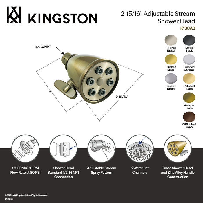 Kingston Brass K138A0MB Victorian 2-15/16" Round Adjustable Jet Spray Brass Shower Head, Matte Black
