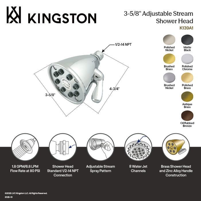 Kingston Brass K139A0MB Victorian 3-5/8" Round Adjustable Jet Spray Brass Shower Head, Matte Black