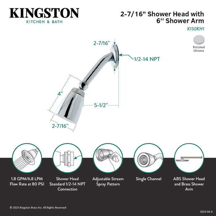 Kingston Brass K150KH1 Made To Match 2-3/8" Round Jet Spray ABS Shower Head with 6" Shower Arm, Polished Chrome