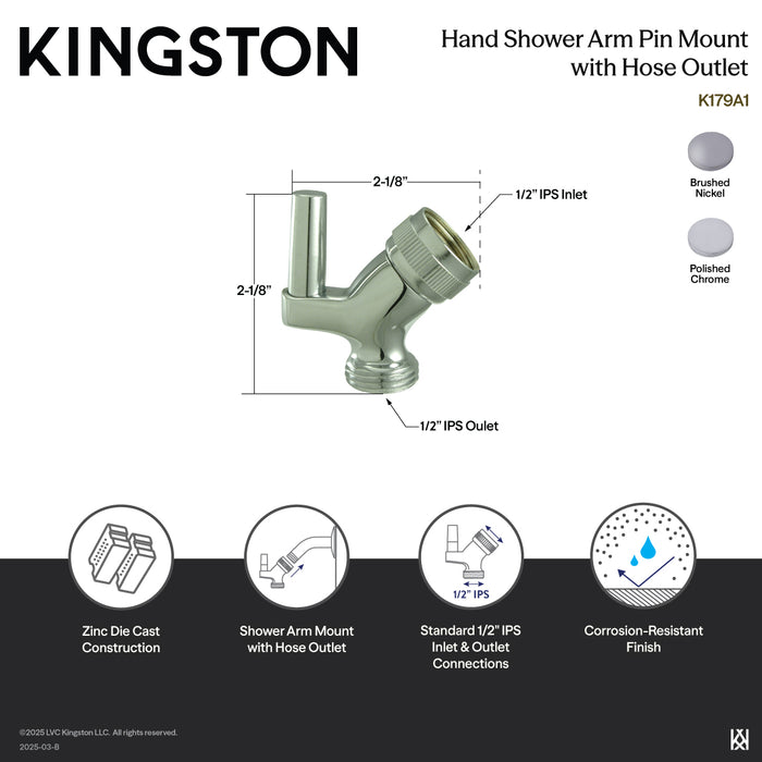 Kingston Brass K179A8 Trimscape Hand Shower Pin Wall Hook with Hose Outlet, Brushed Nickel