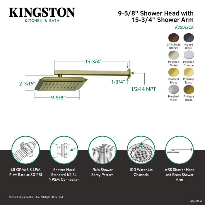 Kingston Brass K251A2CK Claremont 9-5/8" Square Raindrop ABS Shower Head with 15-3/4" Shower Arm, Polished Brass