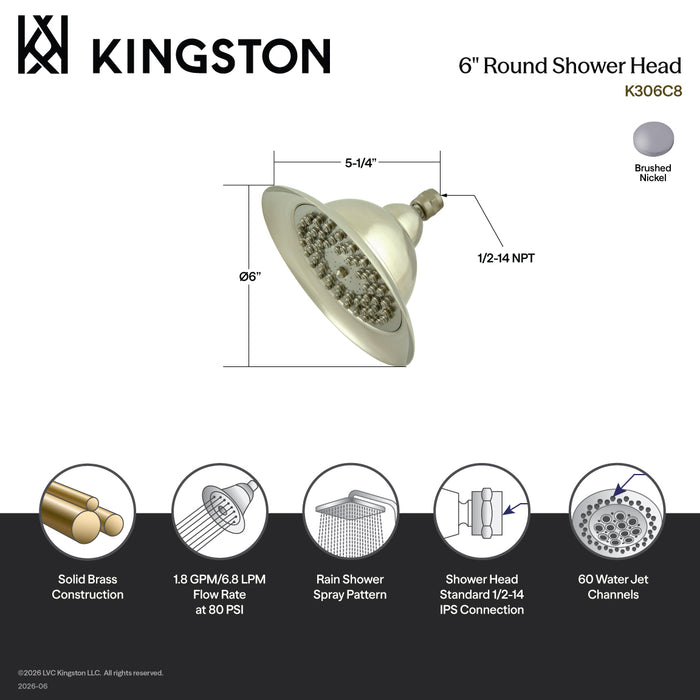 Kingston Brass K306C8 Vintage 6" Round Raindrop Brass Shower Head, Brushed Nickel