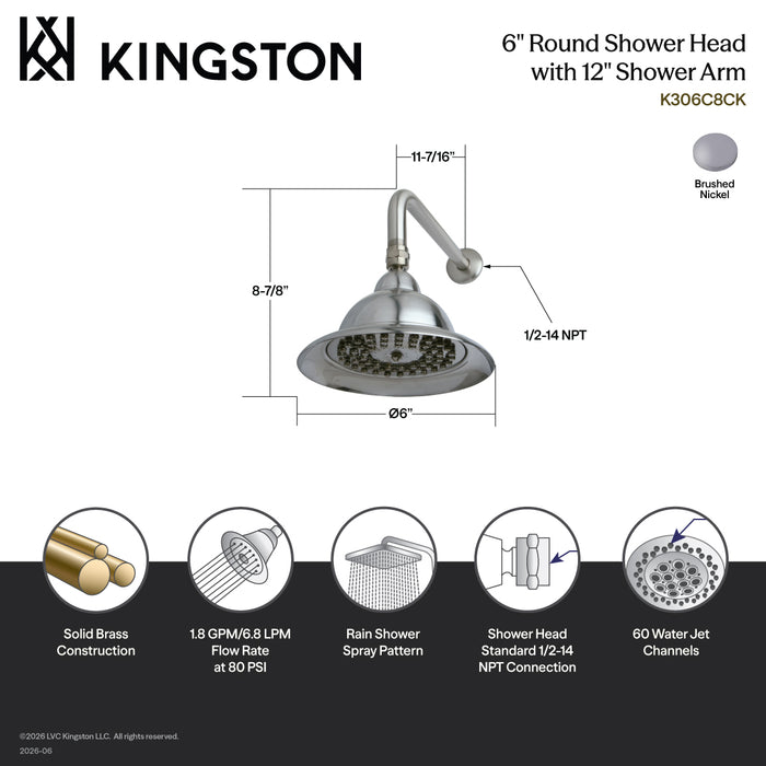 Kingston Brass K306C8CK Vintage 6" Round Raindrop Brass Shower Head with 12" Shower Arm, Brushed Nickel