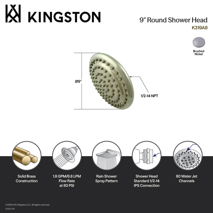 Kingston Brass K319A8 Restoration 9" Round Raindrop Brass Shower Head, Brushed Nickel