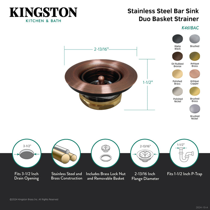 Kingston Brass K461BMB Tacoma Stainless Steel Bar Sink Duo Basket Strainer, Matte Black